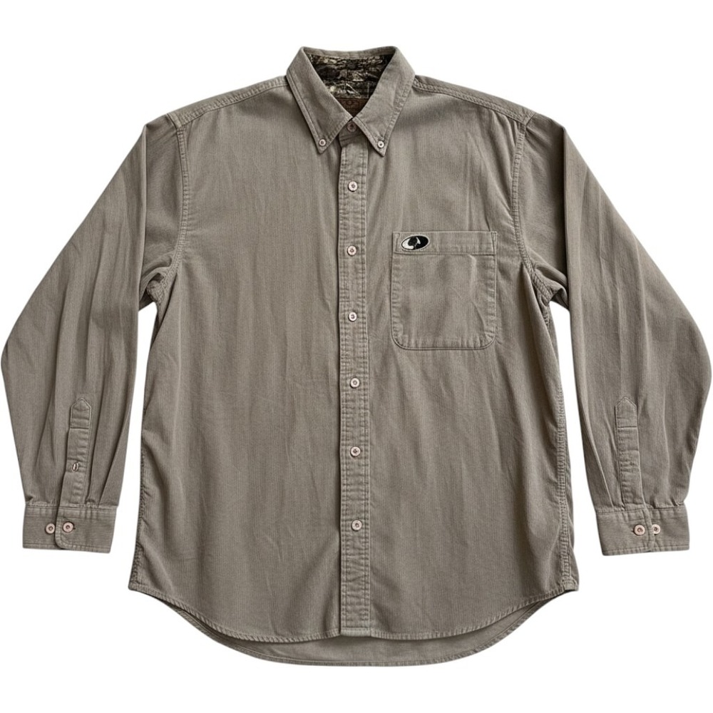Mossy Oak Mens Corduroy Button Down Shirt Tan Khaki Large Camo Trim‎ 2993SA